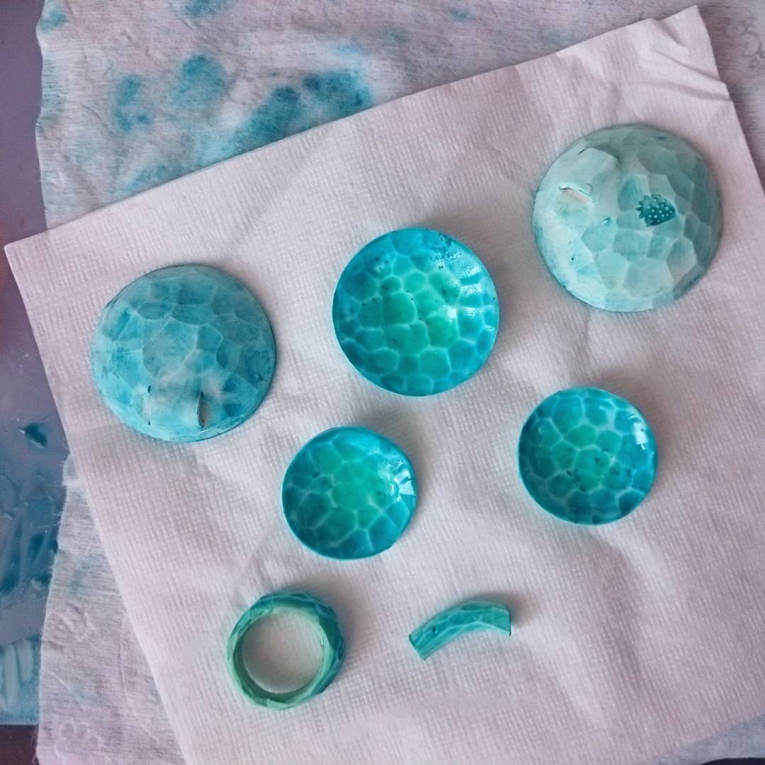 Working on polymer clay necklace inspired by glazed ceramics bowls